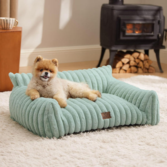 Bedsure Cute Cat Couch for Pets - Fluffy Small Dog Sofa with Premium Soft Corduroy Fleece, Pet Sofa with Removable Washable Cover, Supportive Dog Couch Bed for Small Medium Dogs, 30inch, Garden Green