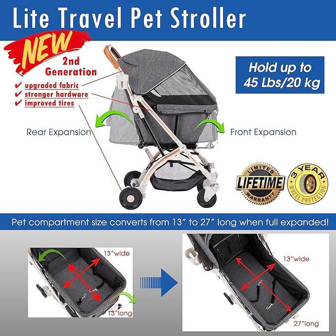 HPZ-PR America Pet Rover Lite Premium Light-Weight Dog/Cat/Pet Stroller Travel Carriage with Convertible Compartment/Aluminum Frame for Small & Medium Pets (Gray 2nd-Gen.)