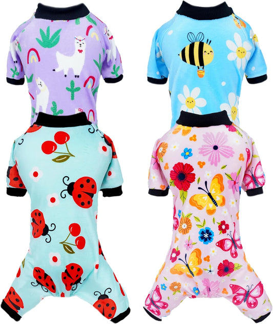 PET SHOW 4 Pack Small Dog Pajamas Spring Dog Clothes for Medium Dogs Girl Boy Soft Stretchy PJs Bee Ladybug Jumpsuit Puppy Cats Floral Onesies Outfits with Sleeve Pets Dachshund Costume(M, Spring)