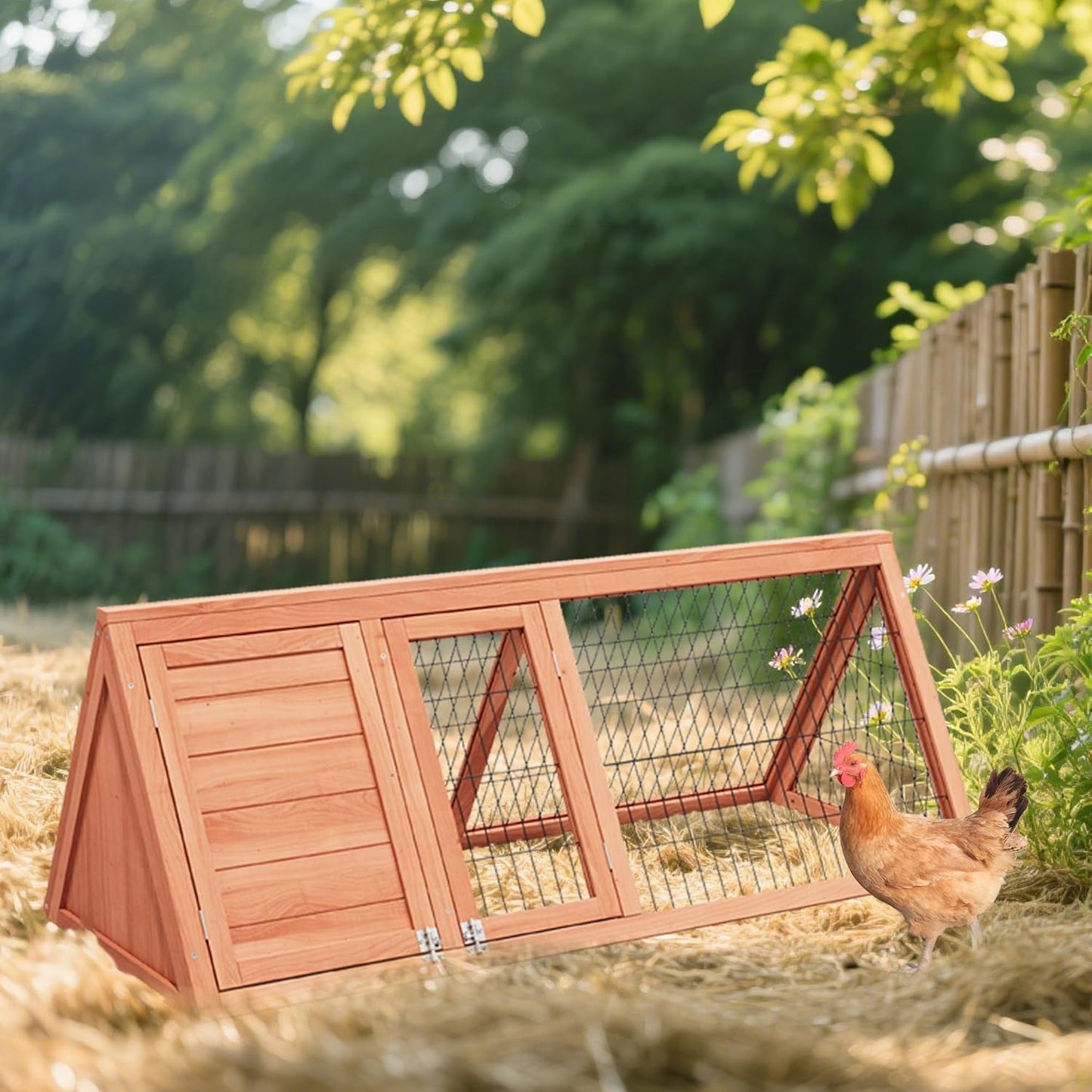 Chick Coop,Outdoor Portable Chicken Run Cage Wooden Triangle Quail Coop with Ventilating Wire Poultry Hutch for Small Animals (Natural Wood)