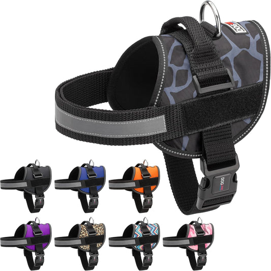 Dogline Dog Harness, Reflective No-Pull Adjustable Vest with Handle for Walking, Training, Breathable, No - Choke Harness for Small, Medium or Large Dogs Room for Patches Girraffe Grey S 18"-24"
