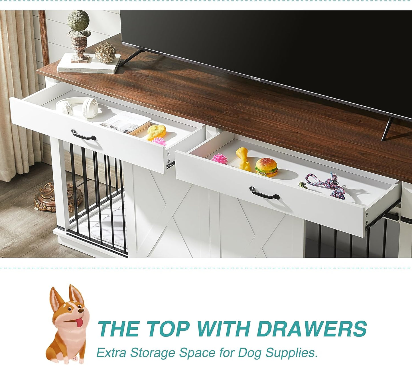 EDYO LIVING 72.5" Large Dog Crate Furniture for 2 Dogs, Wooden Dog Kennel with Drawers, Divider, Sliding Barn Door, Water Resistant Indoor Furniture Style Double Dog Crates, White