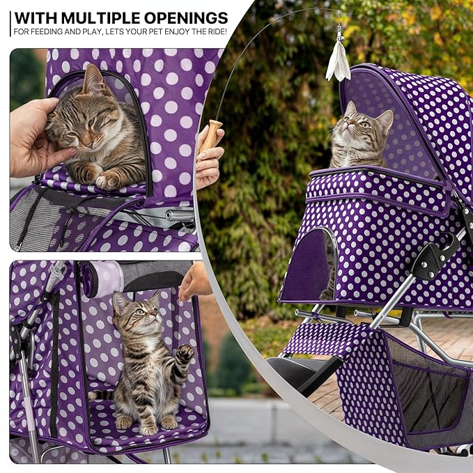MoNiBloom 3 Wheels Pet Dog Cat Stroller for Small Medium Dogs Cats, Foldable Jogger Stroller w/Storage Basket and Cup Holder, Purple Polka Dots