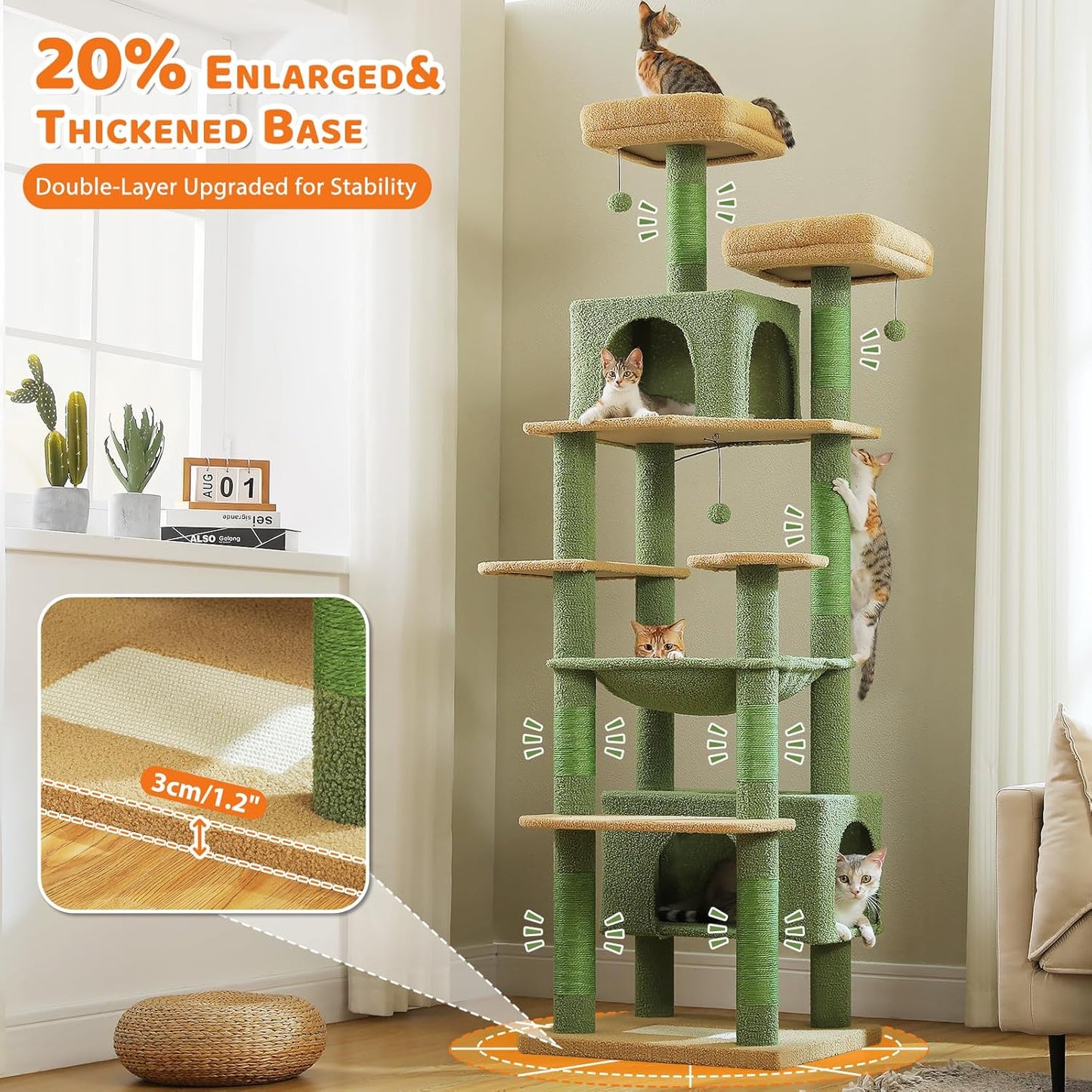 PAWZ Road Heavy Duty Cat Tree for Large Cats, 81 Inches Cactus Tall Cat Tower with 2 Perches, 2 Condos and Spacious Hammock, XL Extra Large Condo with 7 Scratching Posts for 20lb+ Adult Cats, Green