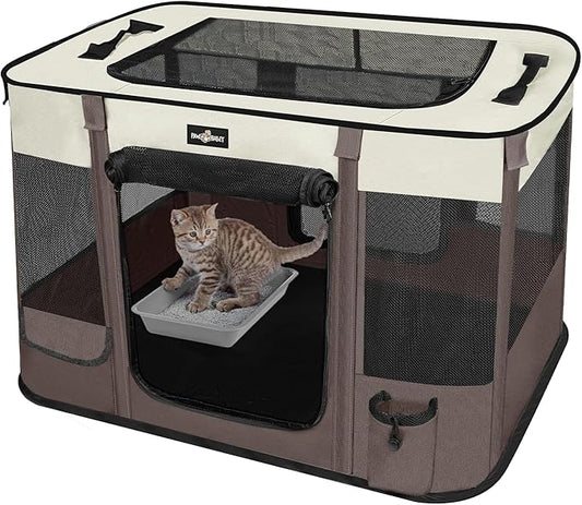 Foldable Pet Kitten Playpen, Upgrade Waterproof Portable Cat Dog Playpen Kennel Tent for Small Dog Cat, Removable Shade Cover, Indoor Outdoor Use for Small Pet, Brown