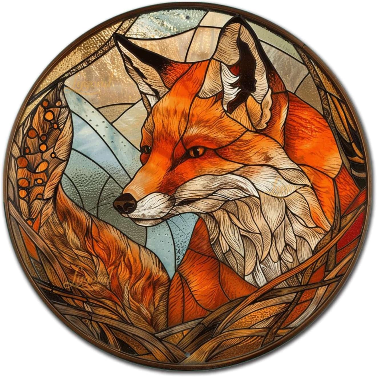 Lygond Metal Sign Tin Sign Circular Stained Glass Fox Gardening Decor Gift for Bar 8×8 Inches