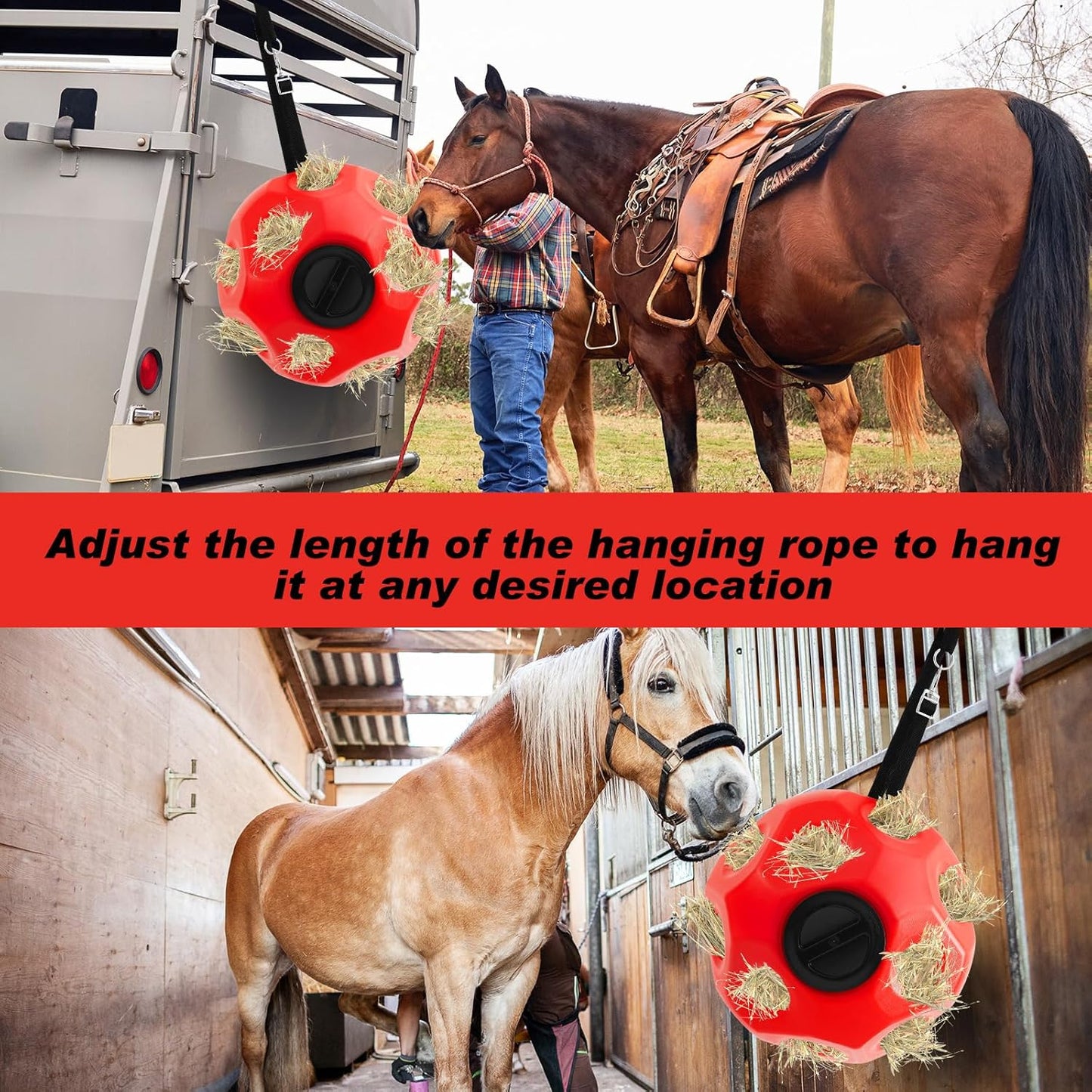 15.75" Hay Ball for Horse with Hanging Strap Slow Feed Horse Treat Ball Extra Large Hanging for Paddock Stall Stable Supplies(Red)