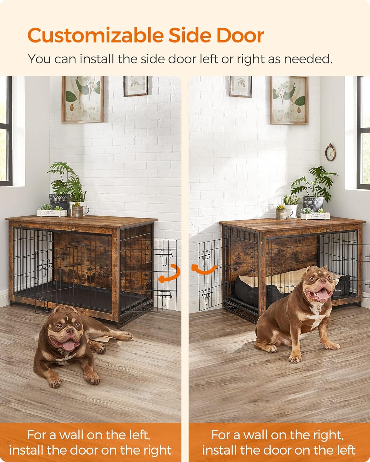 Feandrea Dog Crate Furniture, 38.6" Side End Table, Modern Kennel for Dogs Indoor up to 70 lb, Heavy-Duty Dog Cage with Multi-Purpose Removable Tray, Double-Door Dog House, Rustic Brown UPFC003X01