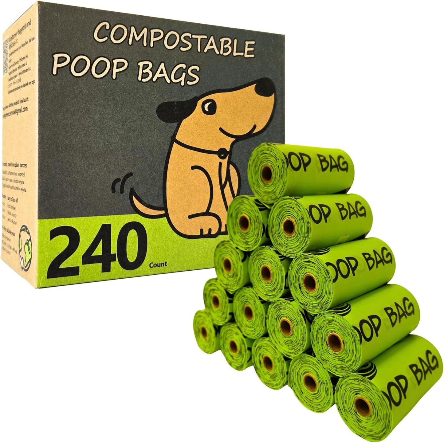 Certified Compostable Dog Poop Bag Rolls, Landfill friendly Doggie Poop Bags, Vegetable-Based, ASTM D6400, Unscented, Extra Thick, Leak Proof, Size 9 x 13 Inches, Refills 240 Counts