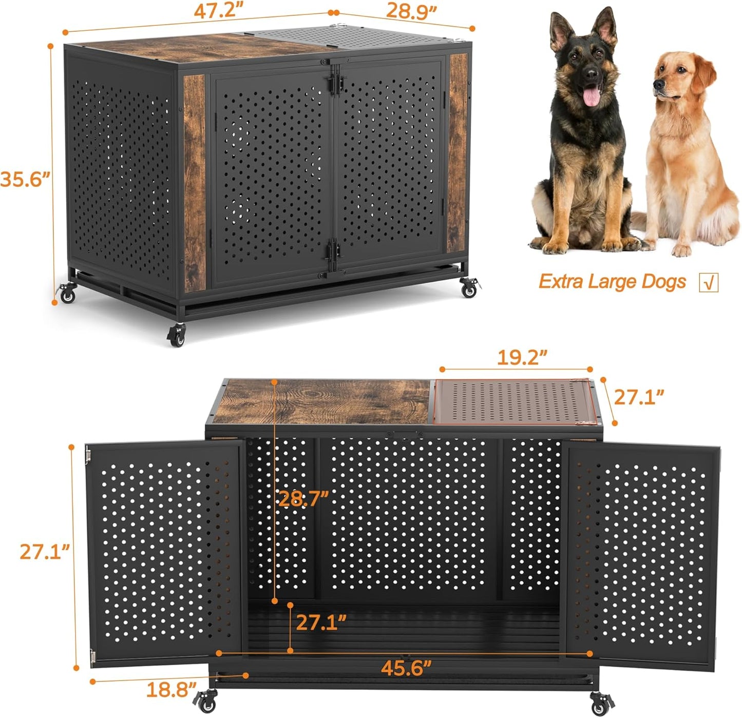 48" Heavy Duty Dog Crate Furniture for Extra Large Dogs, Enclosed Design with 0.5 inch Holes, Indestructible Metal Kennel for High Anxiety Dogs, Chew Proof Pet Cage House Indoor, Brown