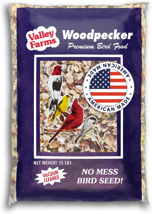 Valley Farms Woodpecker Mix (15 LB) Wild Bird Food for Outdoor Feeders, No Mess Bird Seed, W/Peanuts and Sunflower Hearts for Birds, Woodpecker Food, Attract All Bird Species