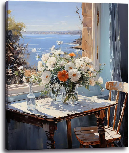 weiyiart Bathroom Decor Wall Art Coastal Floral Canvas Print Painting Daisy Flowers Sea Picture Farmhouse Ocean Seascape Artwork for Home Living Room Bedroom Office 16x24 inch