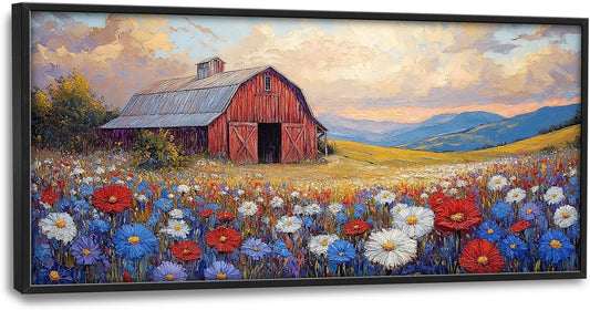 Large Farmhouse Barn Daisy Wall Art for Living Room, Floral Landscape Canvas Oversized Wall Decor, Flower Scenery Framed Pictures Painting Print Artwork for Bedroom Office 60"L x 30"W