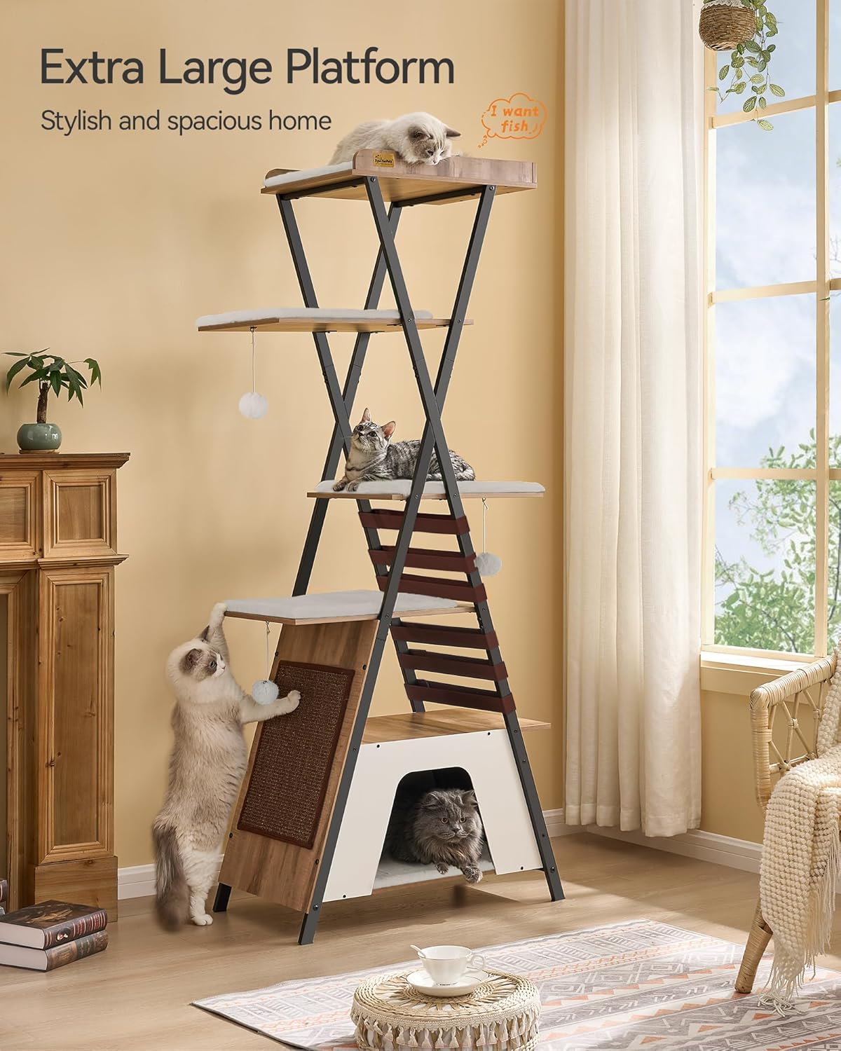FourFurPets 72.4" Cat Tree, Modern Cat Tower for Indoor Cats, Multi-Level Cat Condo with Caves, Tall Cat Tree with Cat Scratching Board, Wooden Cat Tower with Large Perch, Removable Pads, Camel Brown