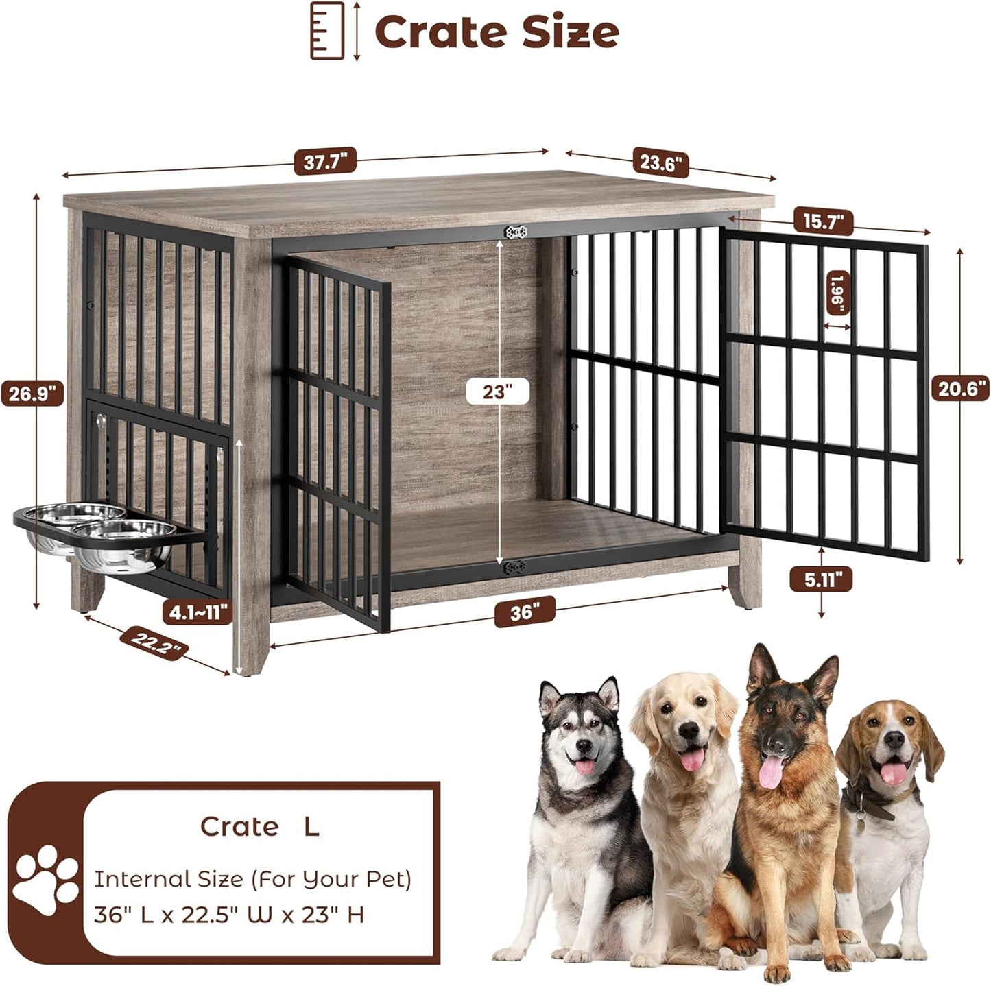 Lulive Large Dog Kennel Indoor with 360°& Adjustable Raised Dog Bowls, Wooden Dog Crate Furniture Double Doors Furniture Dog Crates End Table for Large/Medium Dogs 37.8" L*23.6" W*27" H, Grey