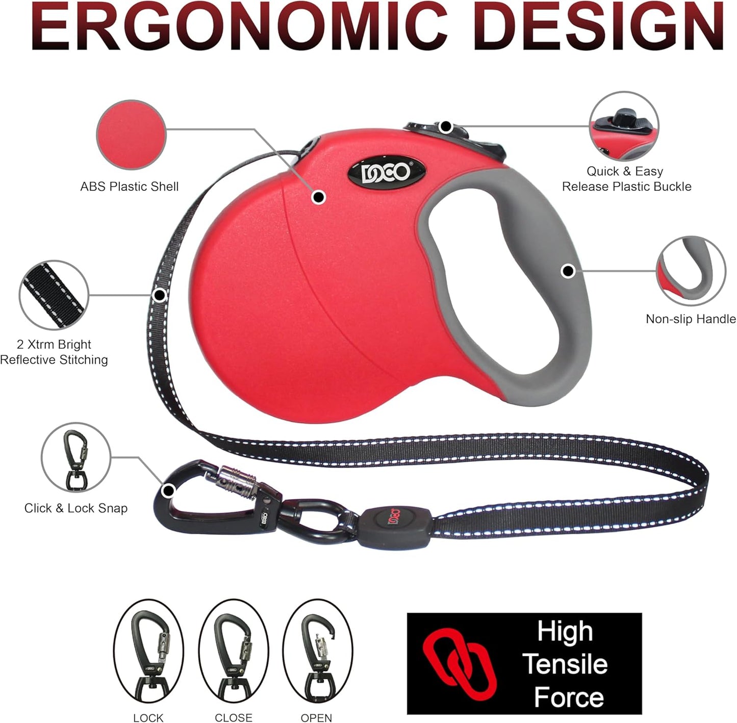 DOCO Retractable Dog Leash for Large Dogs (Length - 16’, Weight - Upto 110lb) Reflective Tape Lead with Stop and Lock Control, Tangle Free 360° Swivel Snap & Anti-Slip Grip (Blue, Large)
