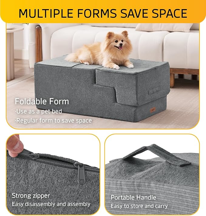 Dog Stairs for High Bed, Dog Steps for Bed Couch Sofa, 35D Foam Extra Wide Pet Steps for Small Dogs and Cats, Pet Stairs with Non-Slip Bottom Grey, 2 Steps