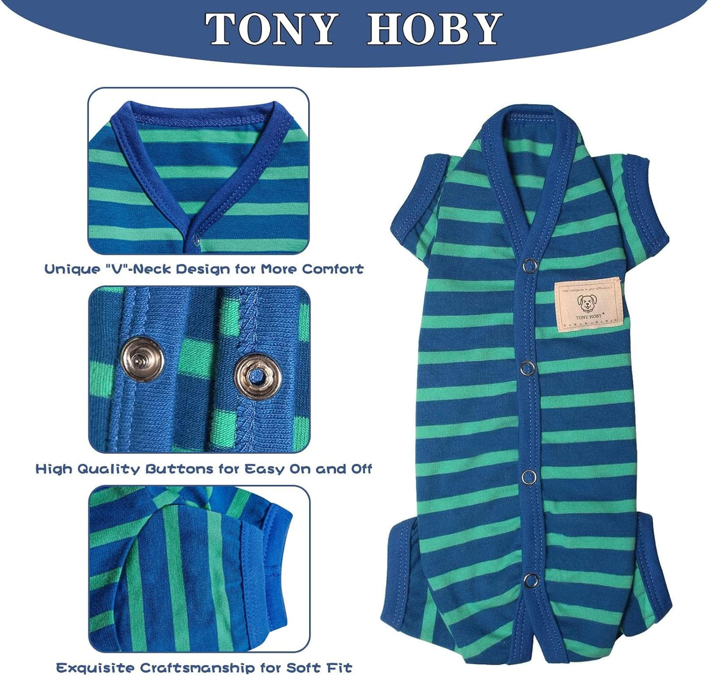 TONY HOBY Dog Pajamas for Female/Male, Dog Jumpsuit with Stripes for Small Medium Dogs, Soft and Comfortable 4 Legged Pajamas Dogs Clothes (Blue&Green, Boy, S)