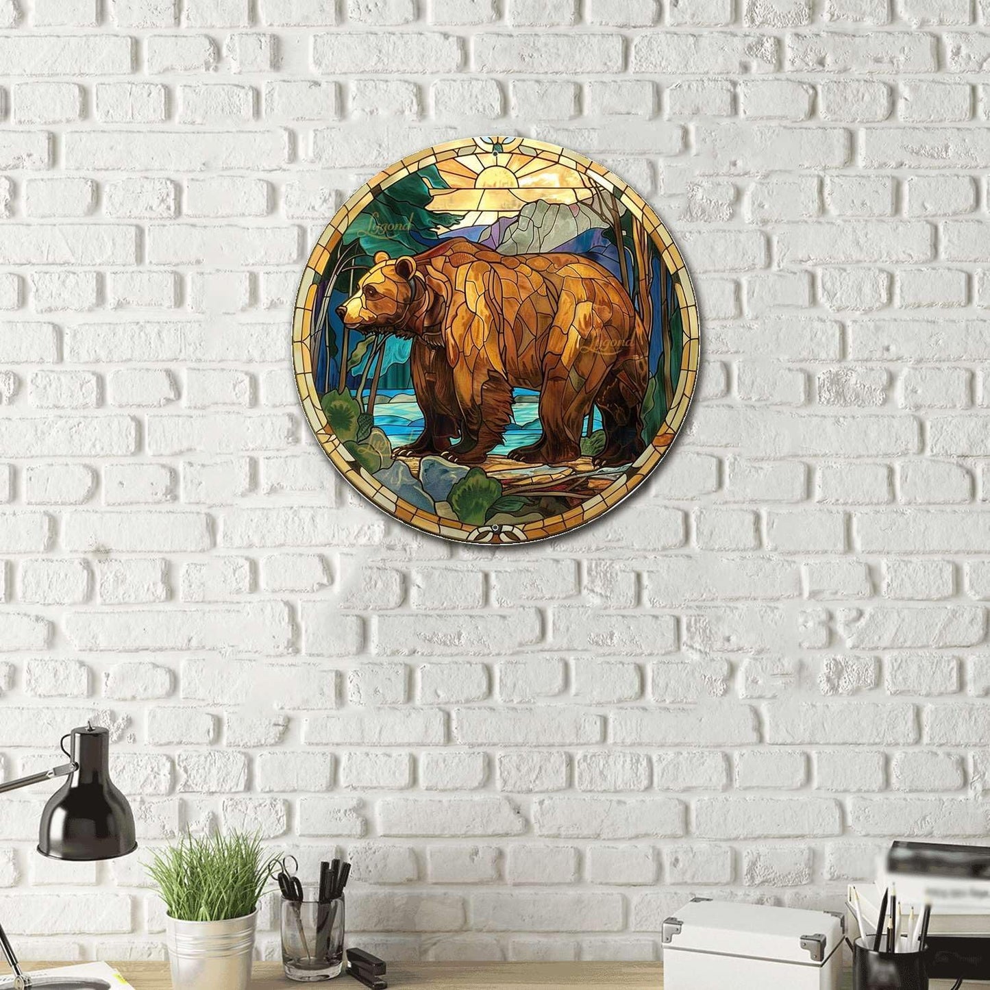 Lygond Metal Sign Tin Sign Circular Stained Glass Bear Home Decor for Patio 12×12 Inches