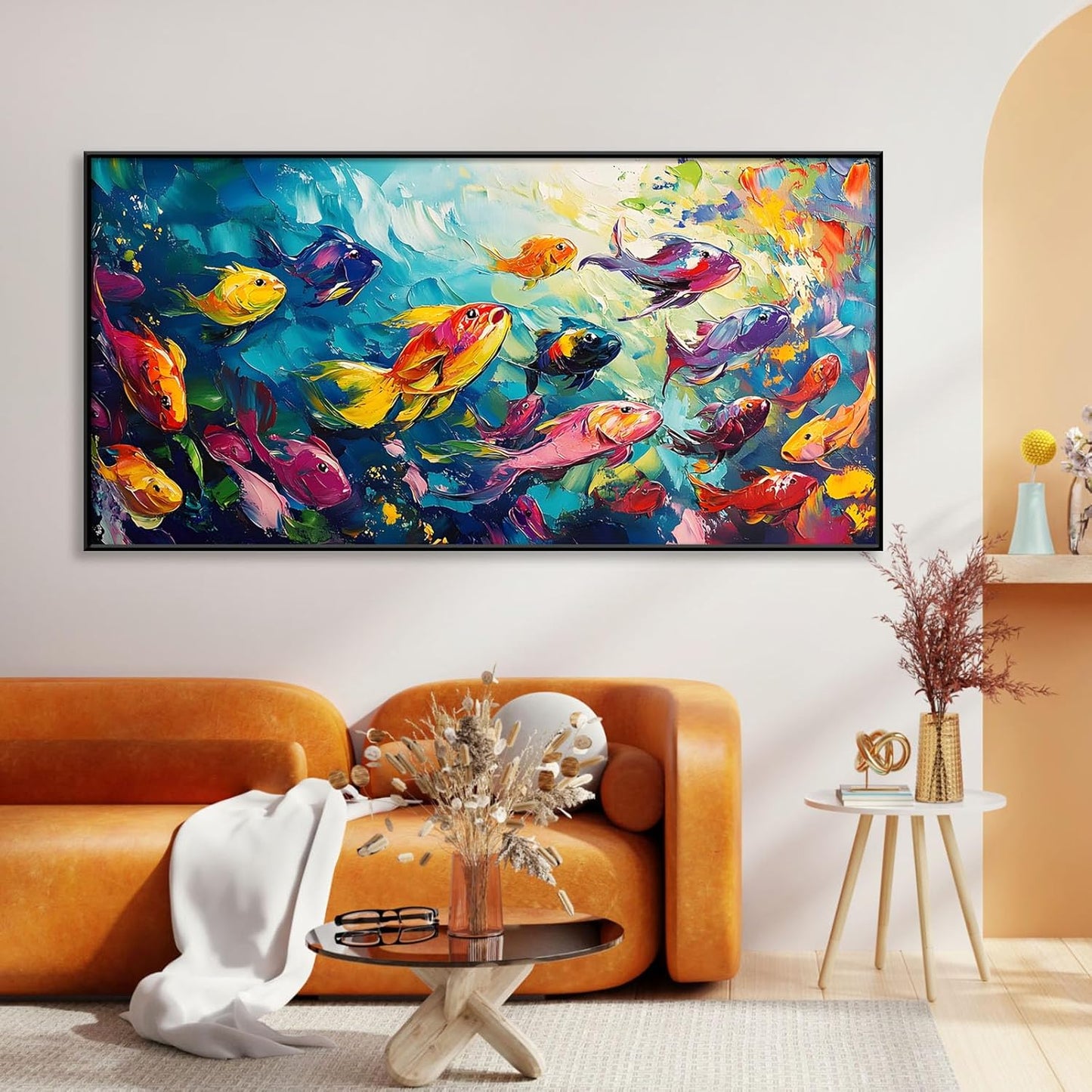 School of Fish Printed Canvas Wall Art – Framed Abstract Ocean Print – Vibrant Fish Wall Decor for Living Room, Bedroom, Office (Black Framed, 31"x15"|80x40cm)
