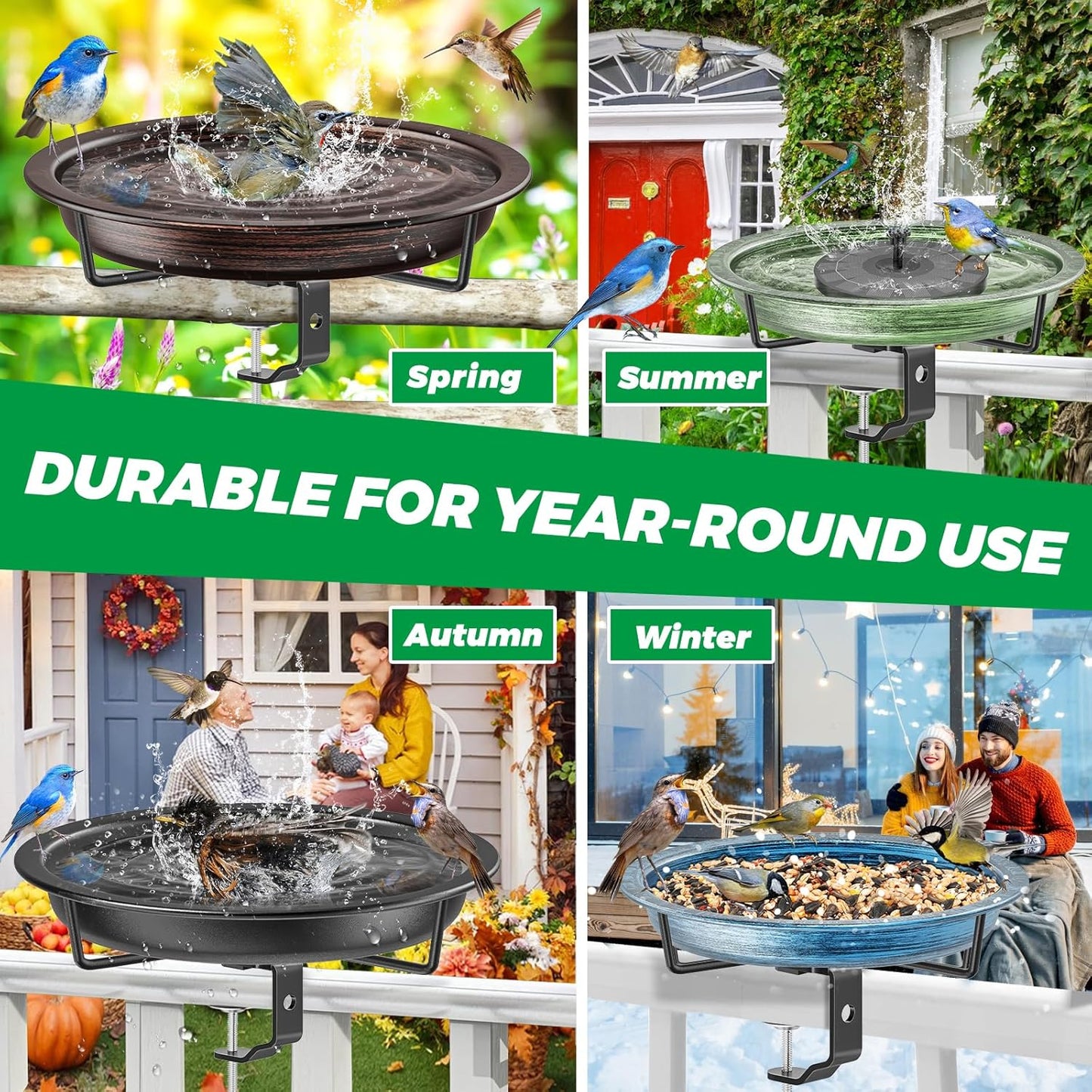 Deck Mounted Bird Bath Outside, Detachable Birdbath Bowl with Sturdy Clamp, Outdoor Bird Baths Bowl for Attracting Birds Garden Yard Decor (Retro Blue)