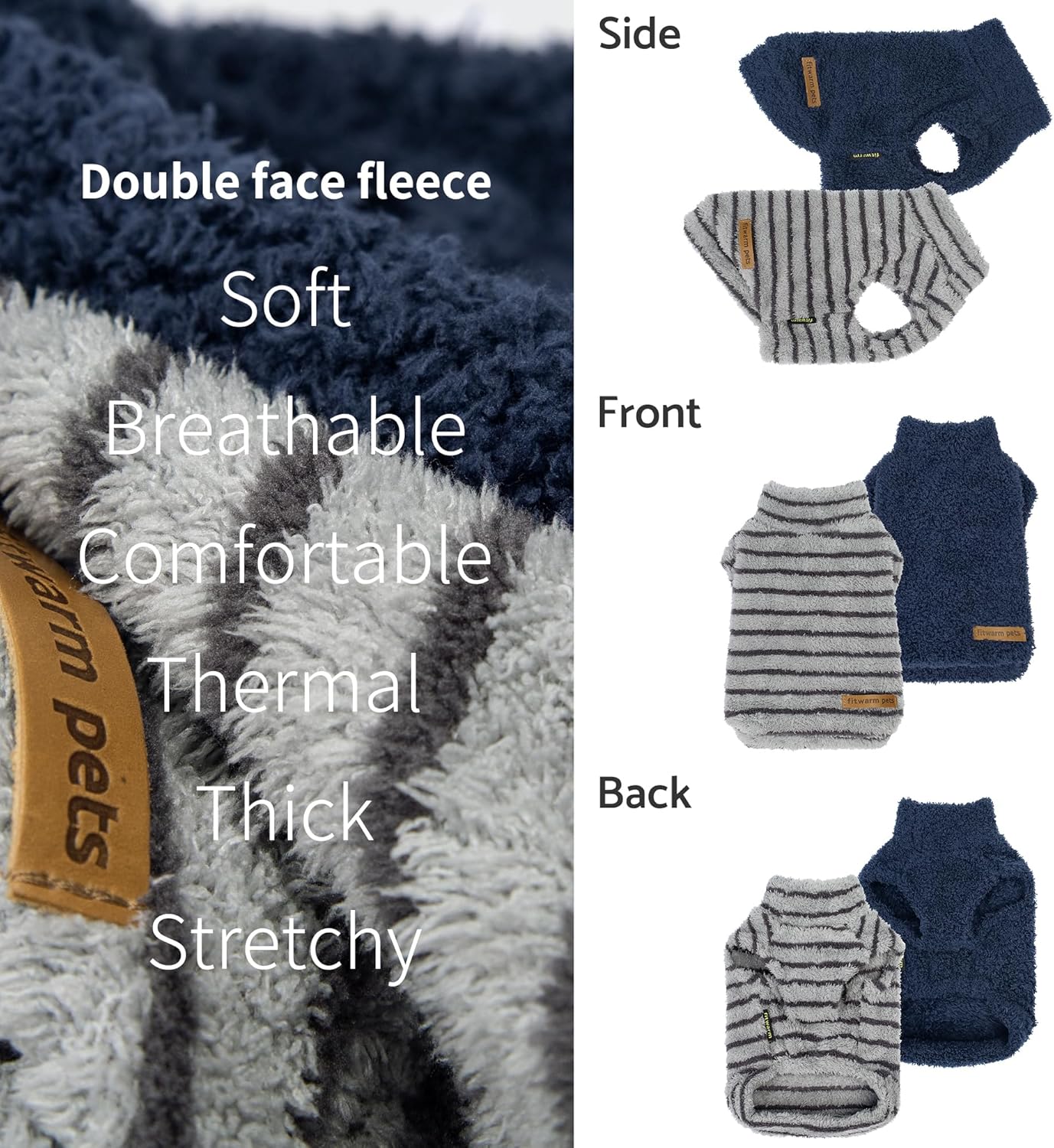 Fitwarm 2 Pack Striped Fleece Dog Sweater, Warm Winter Dog Clothes for Small Dogs Boy Girl, Fuzzy Pet Outfit, Doggy Pullover Jumper, Grey, Navy, XXL