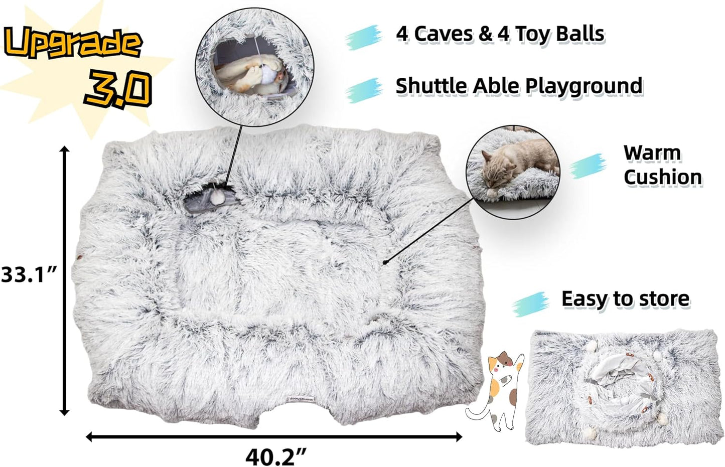 XxingSheep 4 Cave Shuttled XL Cat Tunnel Bed for Indoor Cats Peekaboo Toy Donut with Warm Mat, Pinkish White