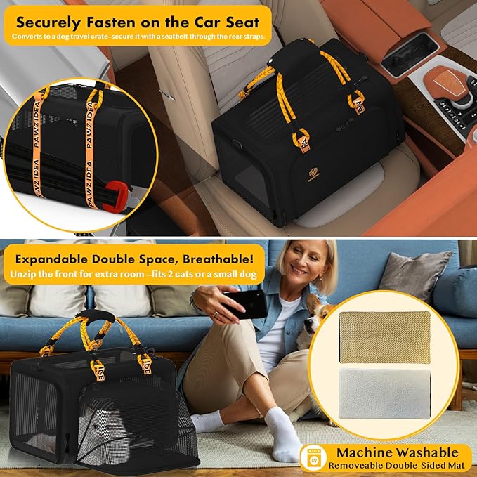 PAWZIDEA Pet Carrier with Wheels, 18x11x11 TSA Airline Approved Cat Carrier for 2 Cats Under Seat, Expandable Soft-Sided Rolling Dog Carriers for Small Dogs Travel Bag with Telescopic Handle, Black