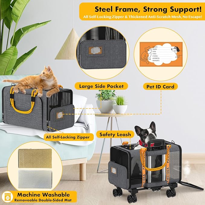 PAWZIDEA Pet Carrier with Wheels, 18x11x11 TSA Airline Approved Cat Carrier for 2 Cats Under Seat, Expandable Soft-Sided Dog Carrier for Small Dogs Rolling Travel Bag with Telescopic Handle, ID Card