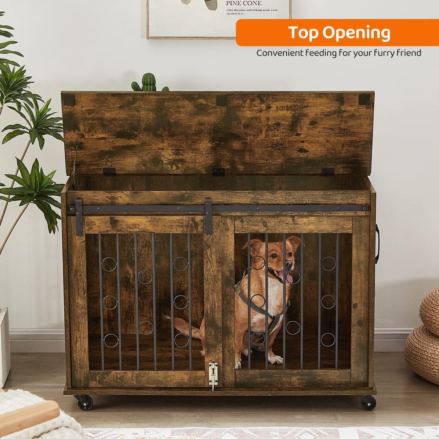IchbinGo Dog Crate Furniture with Sliding Barn Door, 39" Wooden Dog Kennel End Table with Wheels and Flip-top Plate Dog House with Detachable Divider for Small/Medium/Large Dog (Rustic Brown)