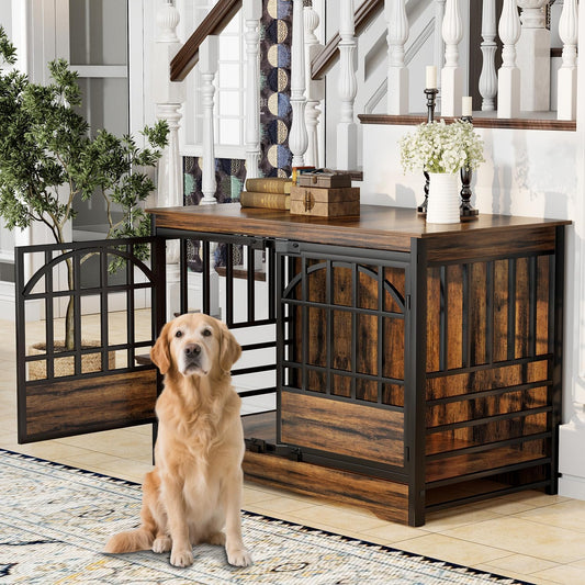 COZPAW 52 Inch Dog Crate Furniture, Extra Large Dog Kennel Indoor for XLarge Breed, Heavy Duty Dog Cage with Double Elegant Arched Doors, Decorate as TV Stand & End Table-Retro Brown