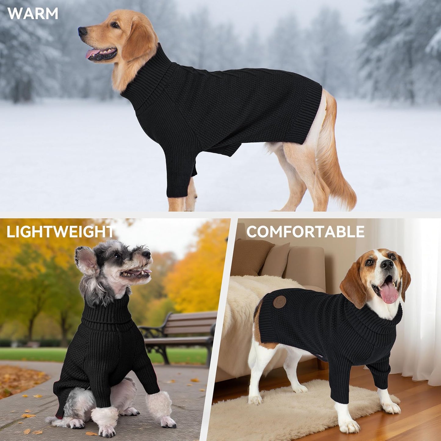 cyeollo Small Dog Sweater, Warm Stretchy Sweaters for Small Dogs Boy, Pullover Knitted Thermal Winter Big Dog Clothes with Sleeves Turtleneck Pet Beagle Border Collie Apparel, Black L