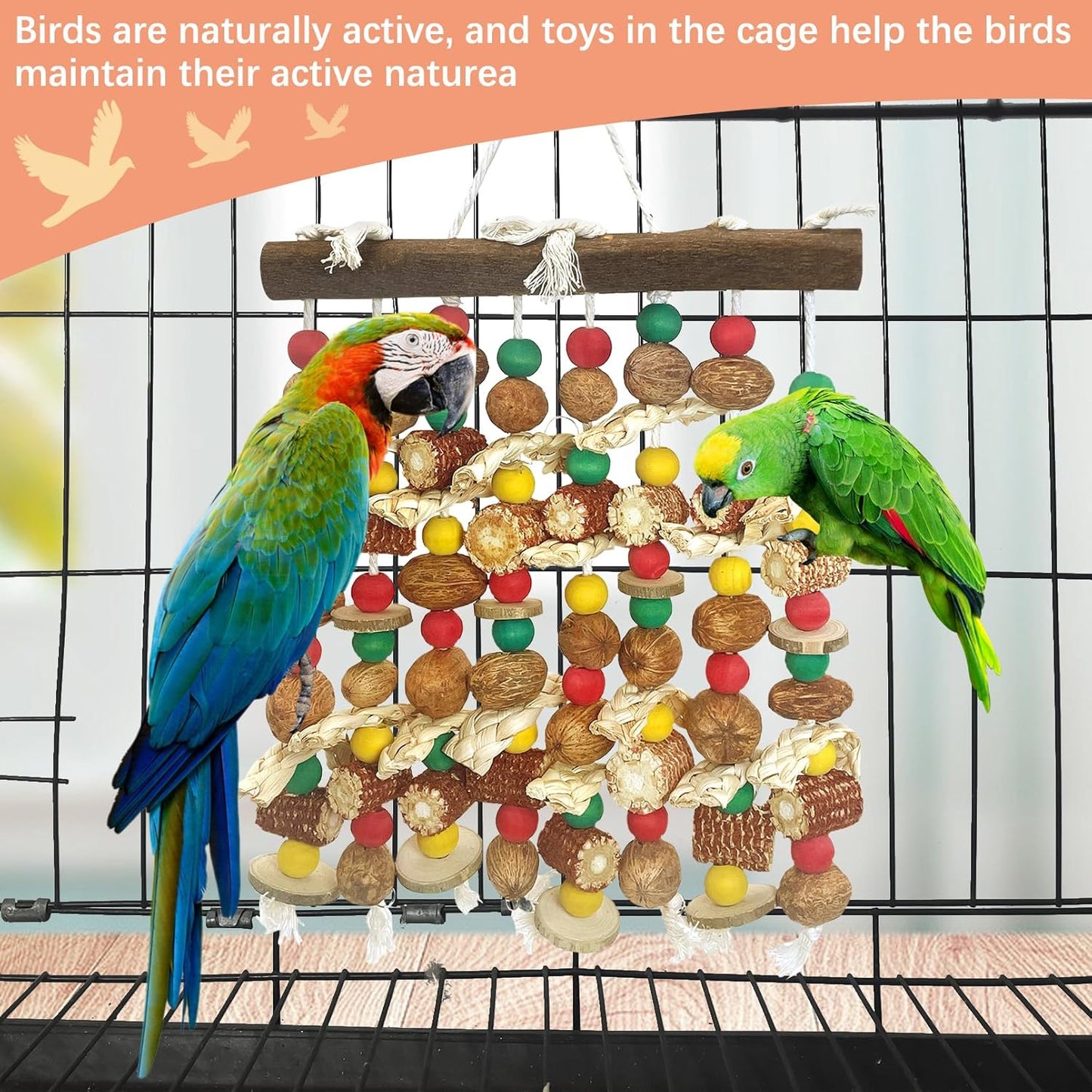 PINVNBY Large Parrot Toys Natural Nuts Corn Cob Wooden Chewing Tearing Toy for African Grey Macaws Amazon Cockatoos Eclectus Conures Cockatiels Cockatoo and Large Medium Parrot Birds (Colorful)