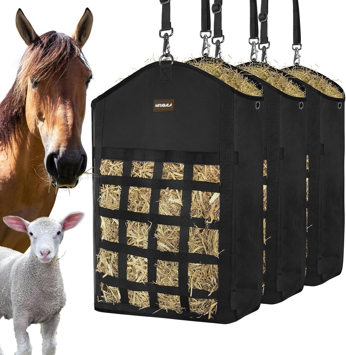Hay Bags for Horses,3 Packs Slow Feed Hay Bags for Goats,Sheep,Donkey,Premium Oxford Hay Feed Bags with Front Hay Nets Design, Easy to Fill and Hang with Large Opening (3 Black)