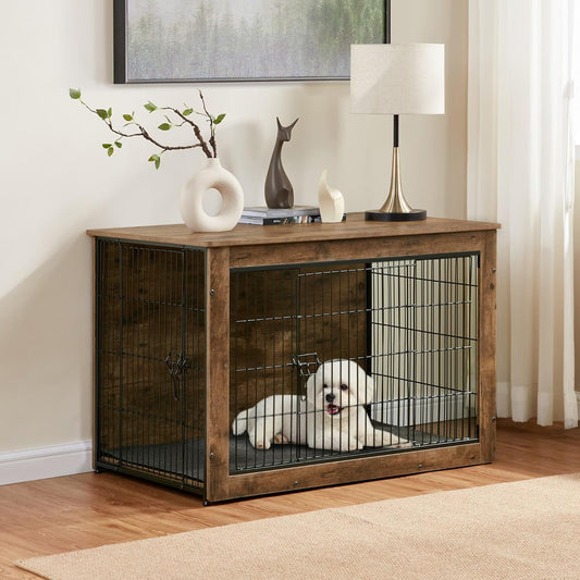 Dog Kennel Furniture, Wooden Dog Crate End Table, Heavy Duty Dog Crate, Decorative Pet Crate Dog Cage for Large Indoor Use (Rustic Brown) 27" L×20" W×23" H
