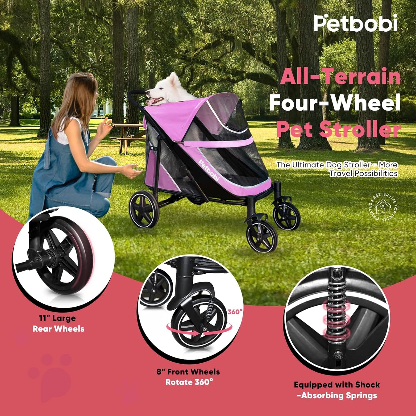 Petbobi Dog Stroller for Medium Dogs - Easy Fold Dual Entry Pet Stroller with One-Foot Brake, All Terrain Wagon Cart with Large Air Mesh, Ideal for Large Senior Pets up to 80 lbs, Pink