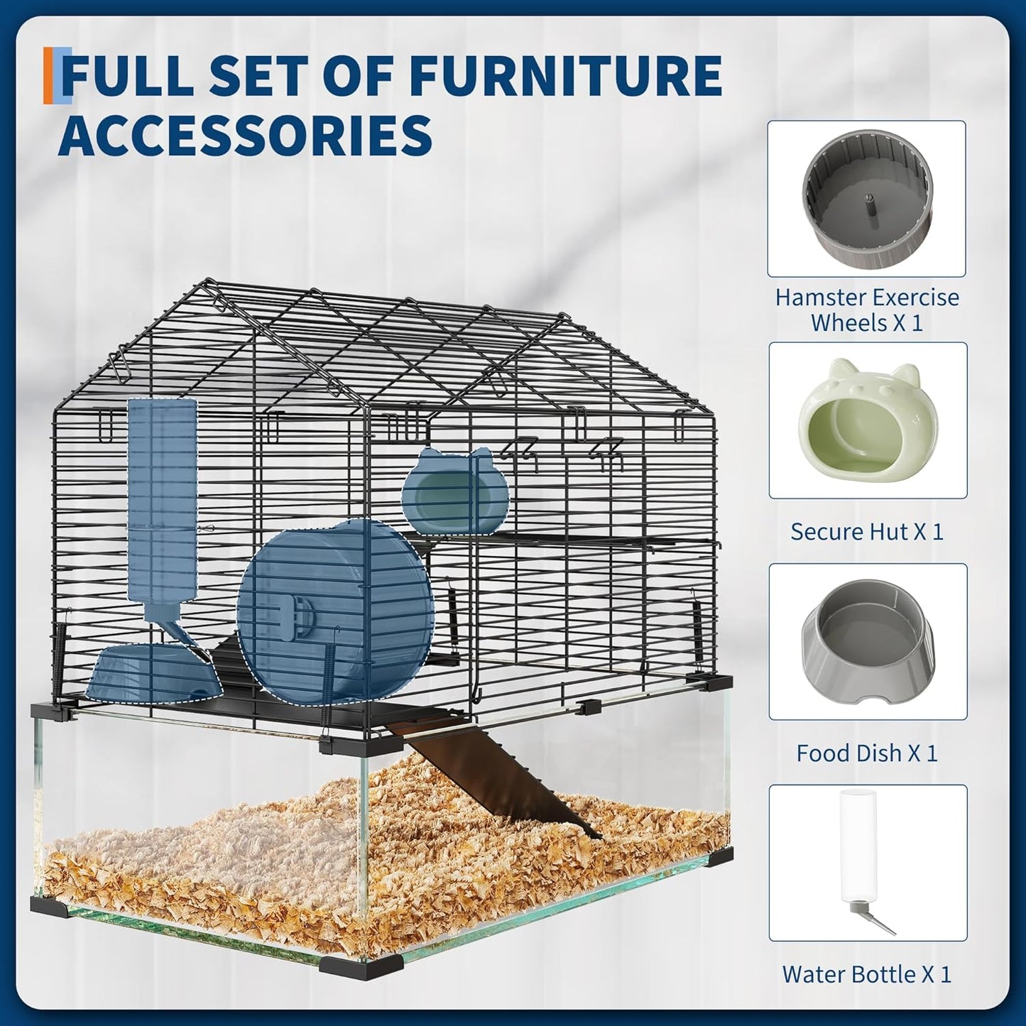 Large Hamster Cage with 7" Deep Tempered Glass Bottom, 3 Tiers Big Hamster Tank with Running Wheel, Hut, Water Bottle, Dish, Rat Cages for Syrian, Dwarf, Gerbils, Mouse, 22.83" x 15" x 21.25"