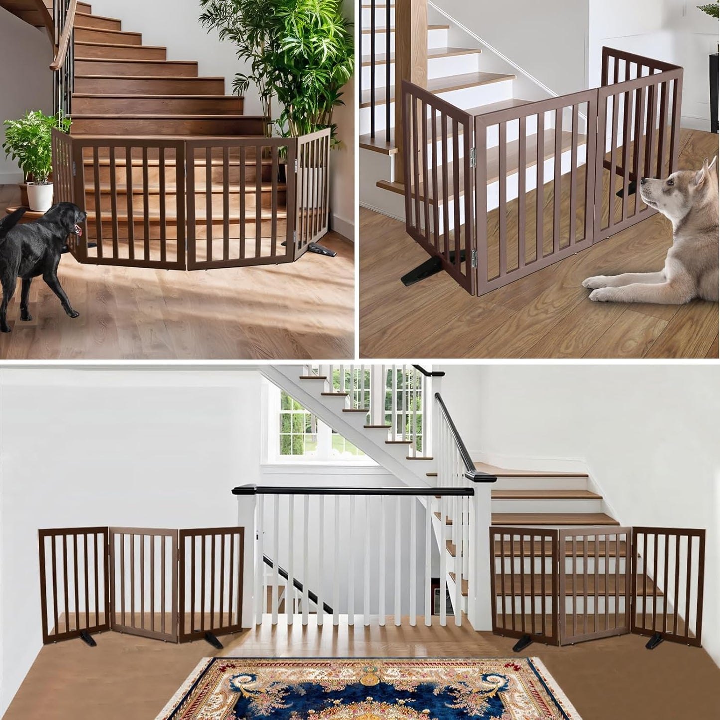 ZJSF Freestanding Indoor Dog Gate for House Foldable Wood Puppy Gate for Doorways Pet Gate for Stairs Extra Wide Pet Fence, Brown, 24" Height 3 Panels