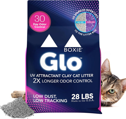 Boxie Glo Clumping Clay 30 Day Odor Control Cat Litter, 99.9% Dust-Free, Low Tracking, UV Light Attractant, 28 lb