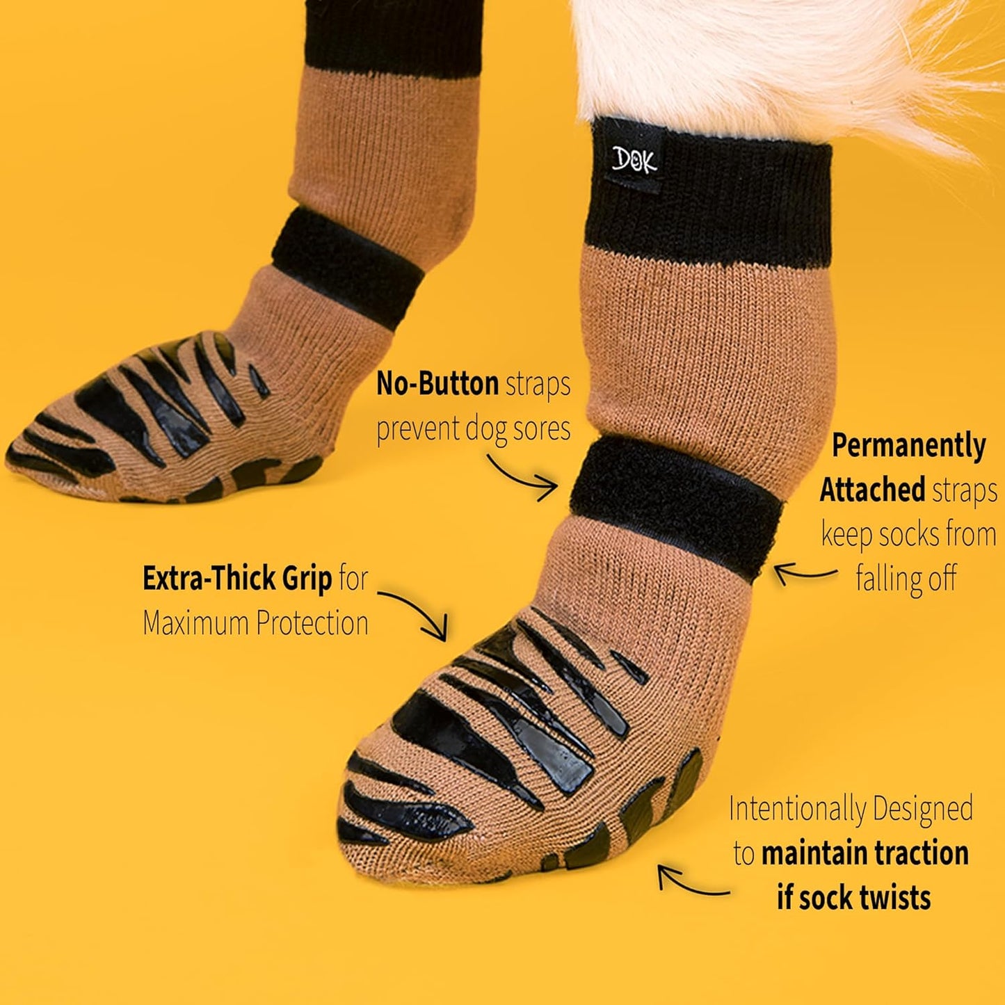 DOK TigerToes Premium Non-Slip Dog Socks for Hardwood Floors - Extra-Thick Grip That Works Even When Twisted - Prevents Licking, Slipping, and Great for Dog Paw Protection (Cool Caramel, X-Large)