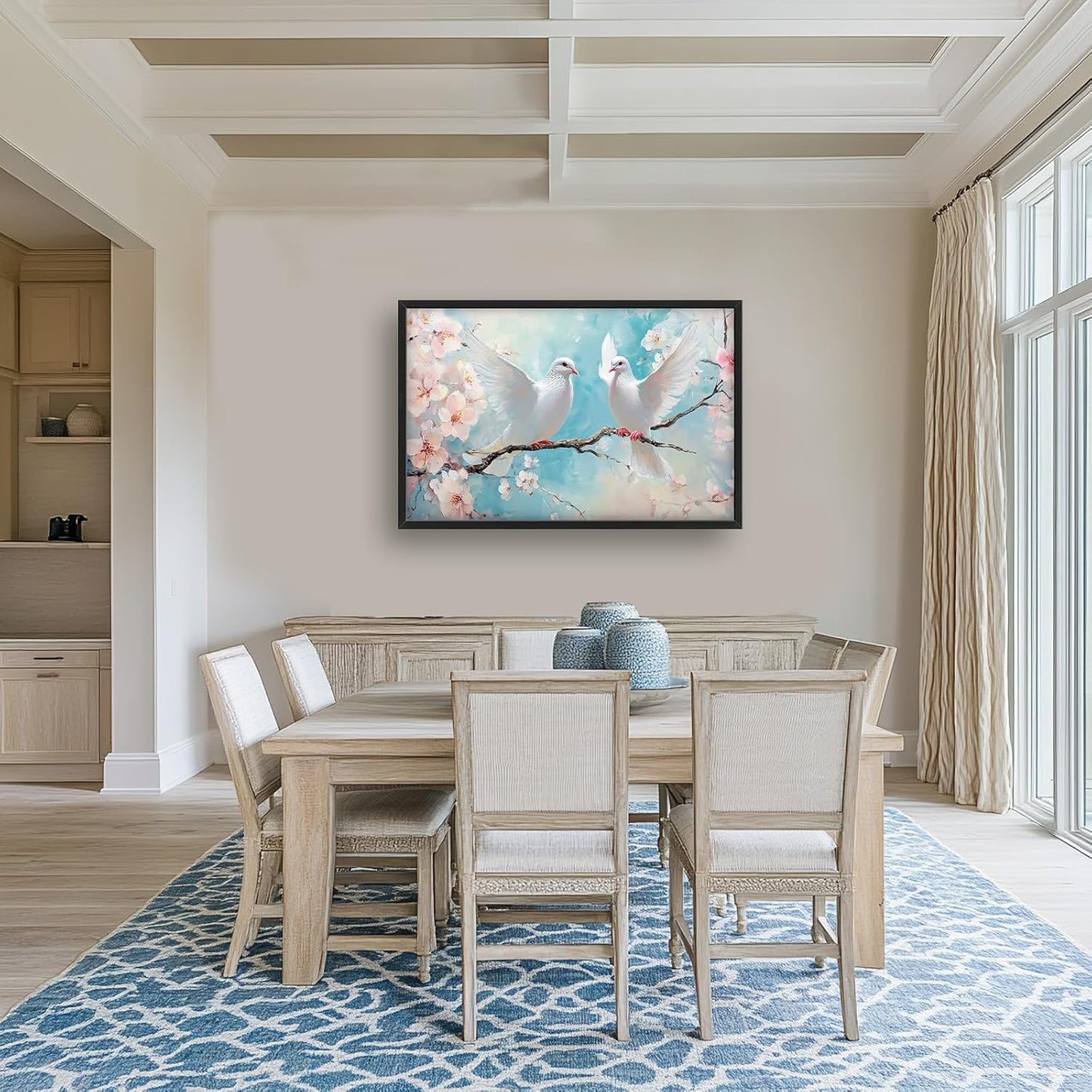 Large White Dove Flower Wall Art for Living Room, Framed Oversized Pigeon Cherry Blossom Wall Decor Nature Canvas Painting Modern Artwork for Living Room Bathroom Bedroom Office Dining Room 36"x24"