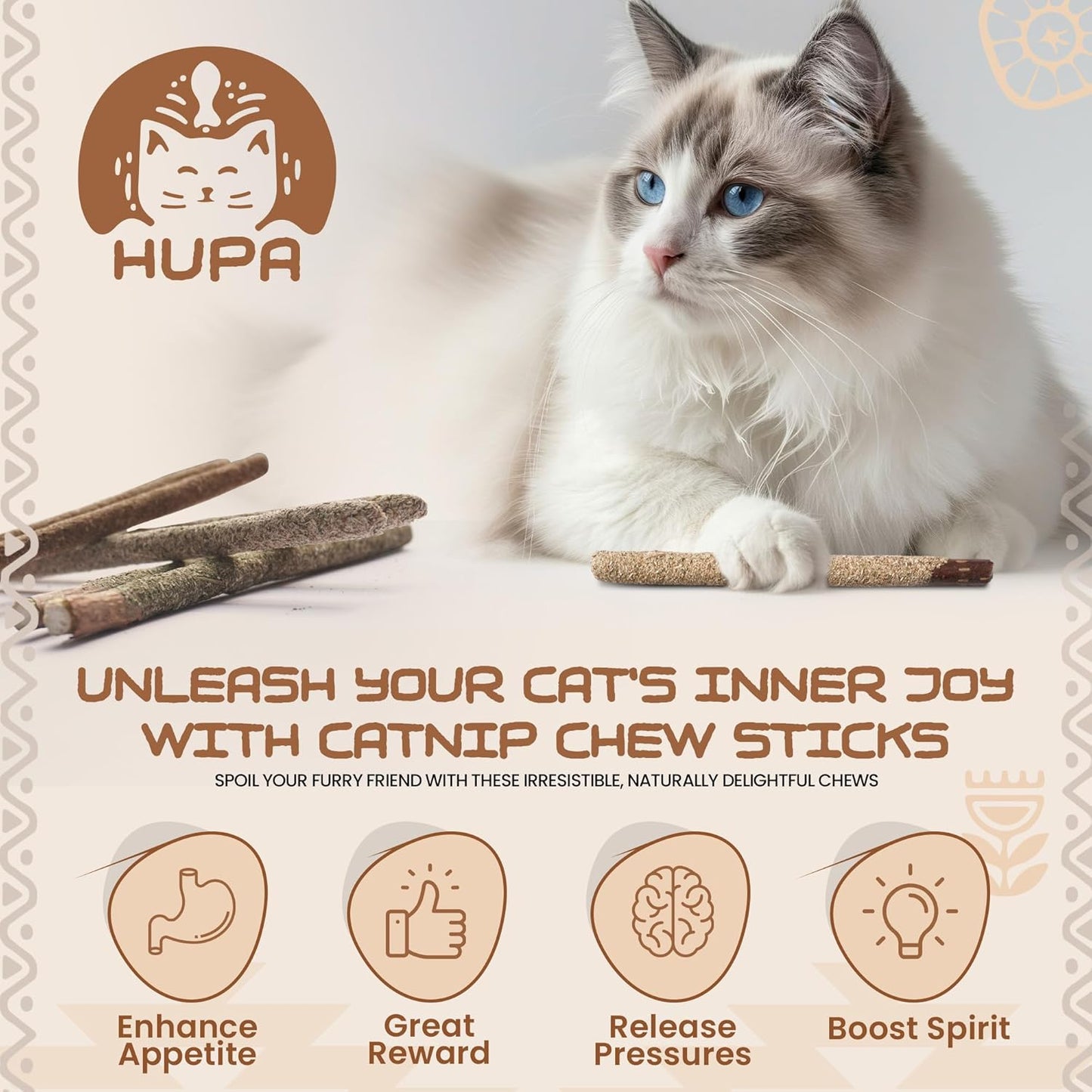 HUPA Cat Chew Sticks | Anxiety Relief & Digestive Support, Kitten Teething Chews, Cat Dental Chews | Natural Catnip Teething for Indoor Cats, Energetic Chew for All Ages & Breeds | 6 Sticks