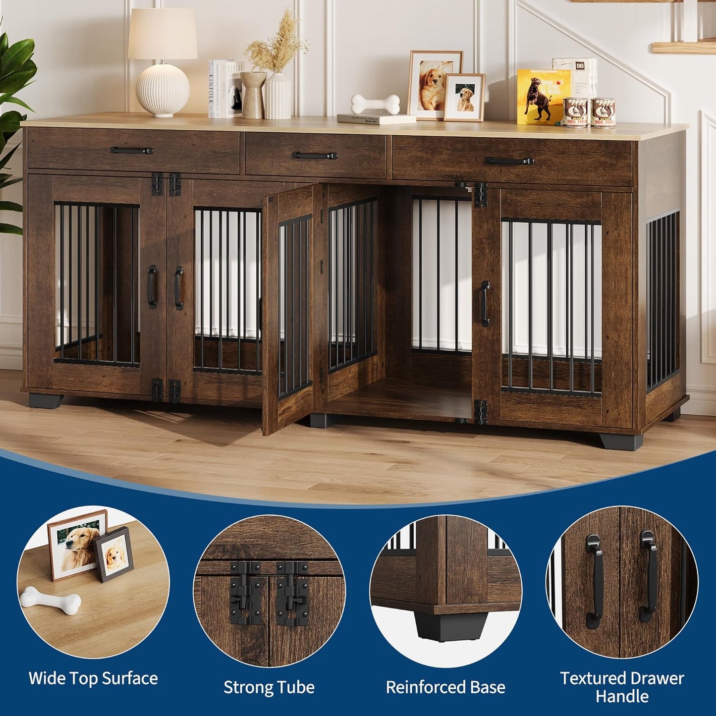 71 Inch Dog Crate Furniture for 2 Rooms, Wooden Double Crate Large Breed with Door, Dog Kennel Indoor, TV Stand End Table with Divider for Large Medium Dogs,Brown