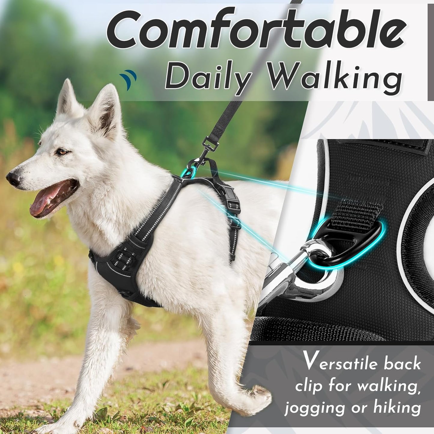 Eagloo Dog Harness for Large Dogs, No Pull Service Vest with Reflective Strips and Control Handle, Adjustable and Comfortable for Walking, No Choke Pet Harness with 2 Metal Rings, Black, XL