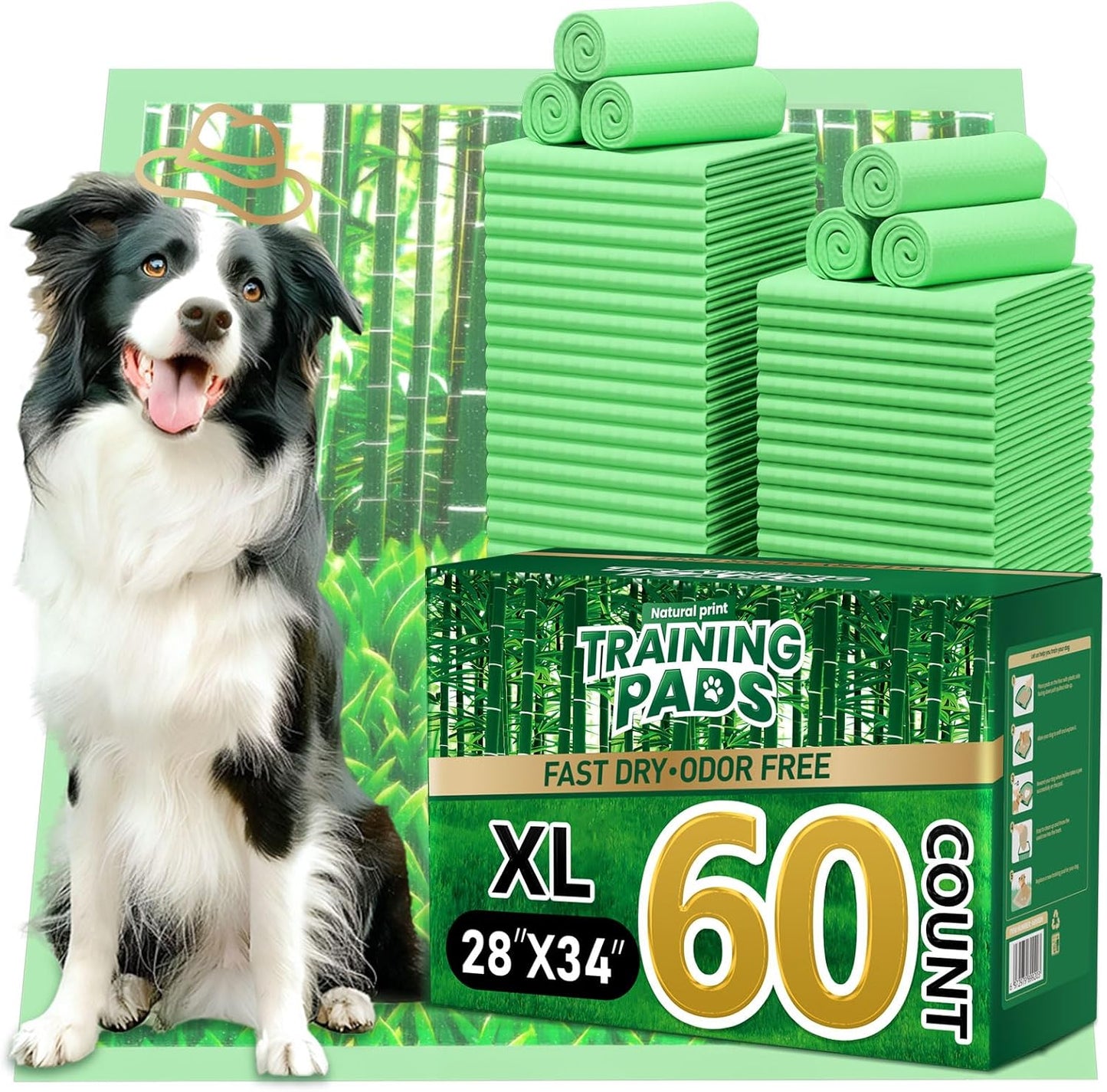 Puppy Pads XL 60 Count - 28"x34" Extra Large Pee Pads for Dogs Odor Blocking, Leak-Proof Potty Training Pad Super Absorbent, 6-Layer Leak-Bamboo Patterns Dog Pads
