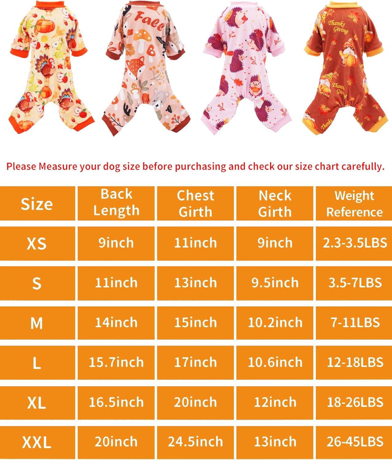 PET SHOW 4 Pack Fall Small Dog Pajamas Thanksgiving Clothes for Medium Dogs Girl Boy Soft Stretchy PJs Autumn Jumpsuit Puppy Onesies Outfits with Sleeve Pets Dachshund Costume XL