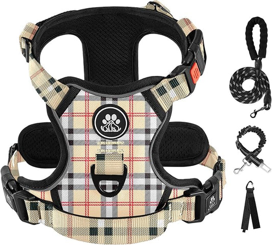IVY&LANE No Pull Dog Harness with Leash Set, Reflective No Choke Pet Vest,Adjustable Oxford Dog Vest Harness with Easy Control Handle for Medium Lagre Dogs (Checkered Beige,M)