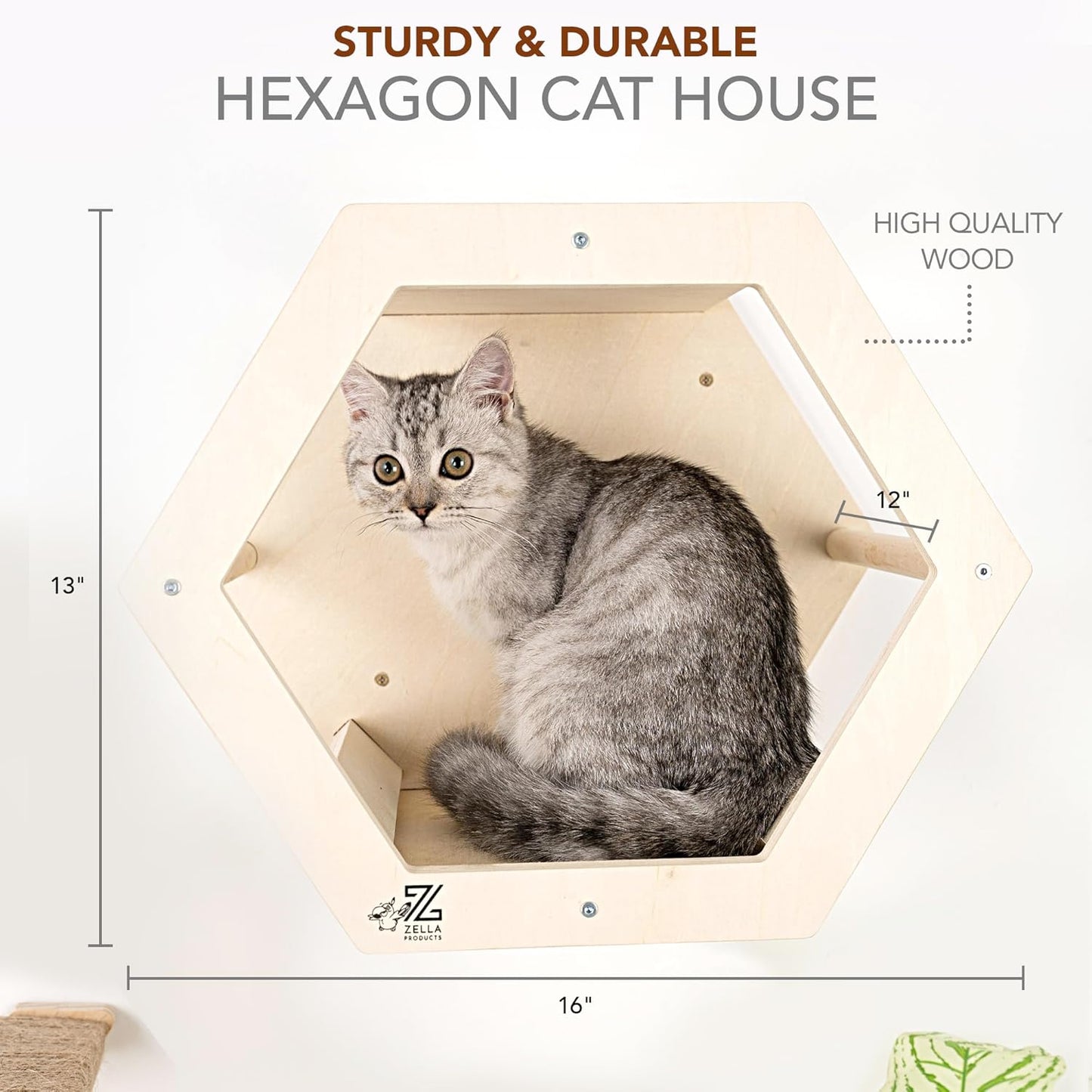 3-Piece Cat Wall Furniture Set - Hammock, Hexagon House, Climbing Steps - Wall Mounted Shelves, Perches, and Beds - Modern Design for Large Cats and Kittens & Spare Hammock Fabric Included