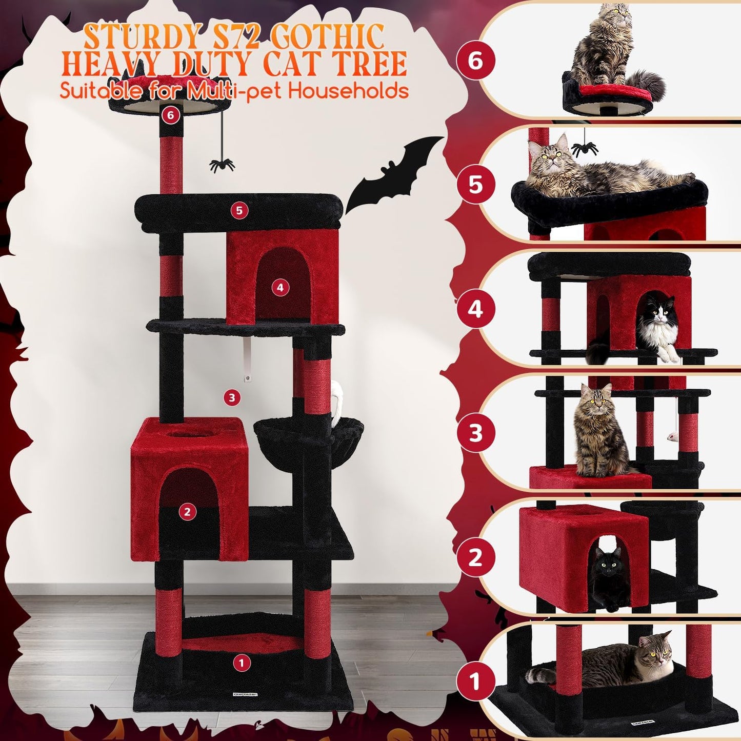 Globlazer Heavy Duty Gothic Cat Tree, 72in Large Cat Tower with Coffin Bed, Sturdy Maine Coon Cat Tree for Large Cats 20 lbs+, Medieval Castle Style with 6 Scratching Posts & Hammock, S72, Black & Red