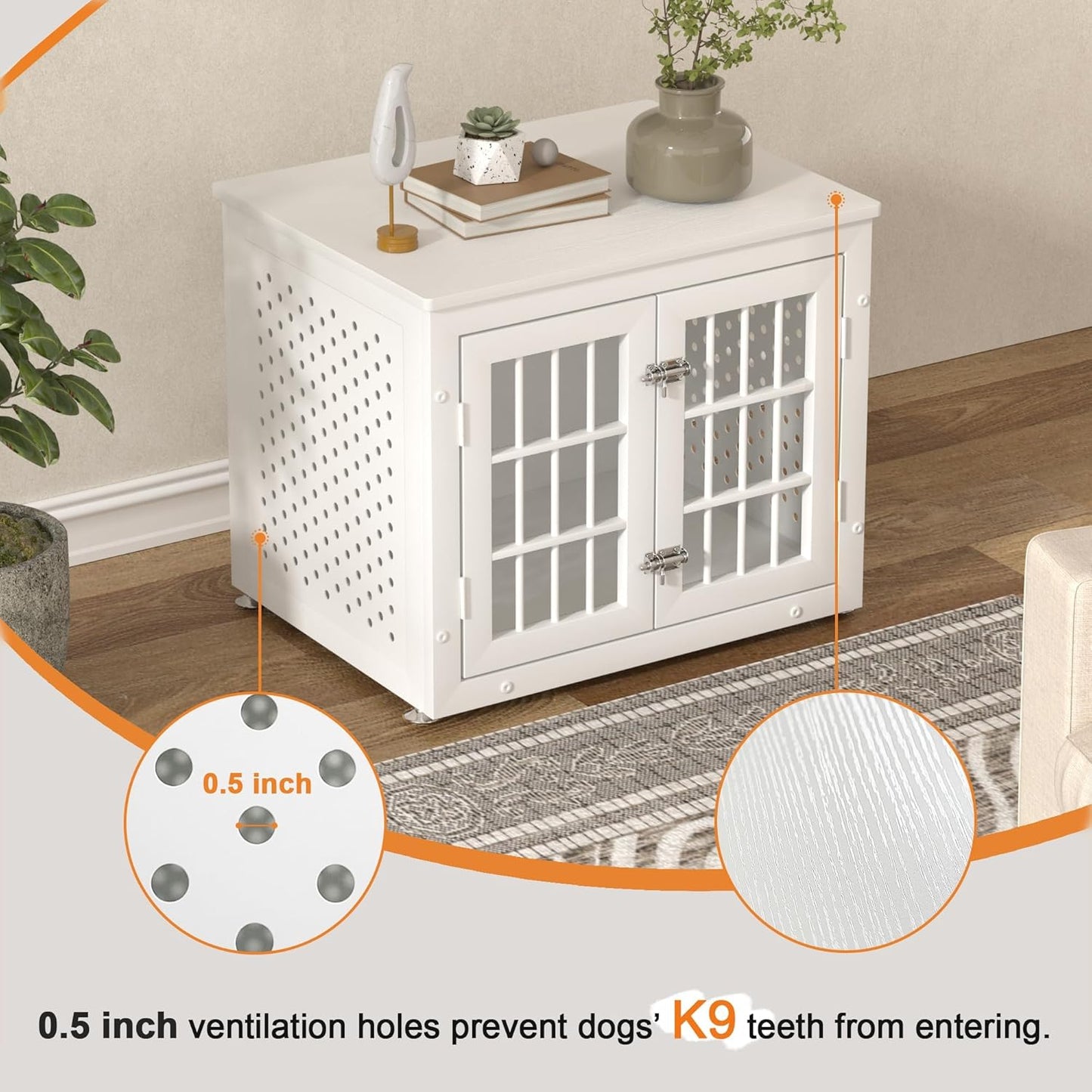 26" Heavy Duty Dog Crate Furniture for Small Dogs, Metal Kennel for High Anxiety Dogs, Chew Proof Pet Cage Indoor, Decorative Kennel End Table, White